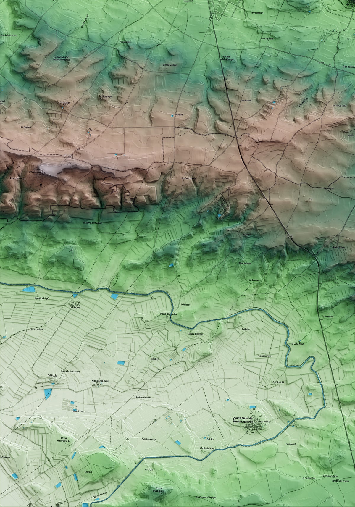 Mapa artístico del relieve de Puigverd d'Agramunt, al Urgell, con 15 km de entorno y base topográfica ICGC. Detalle de la zona inferior izquierda.