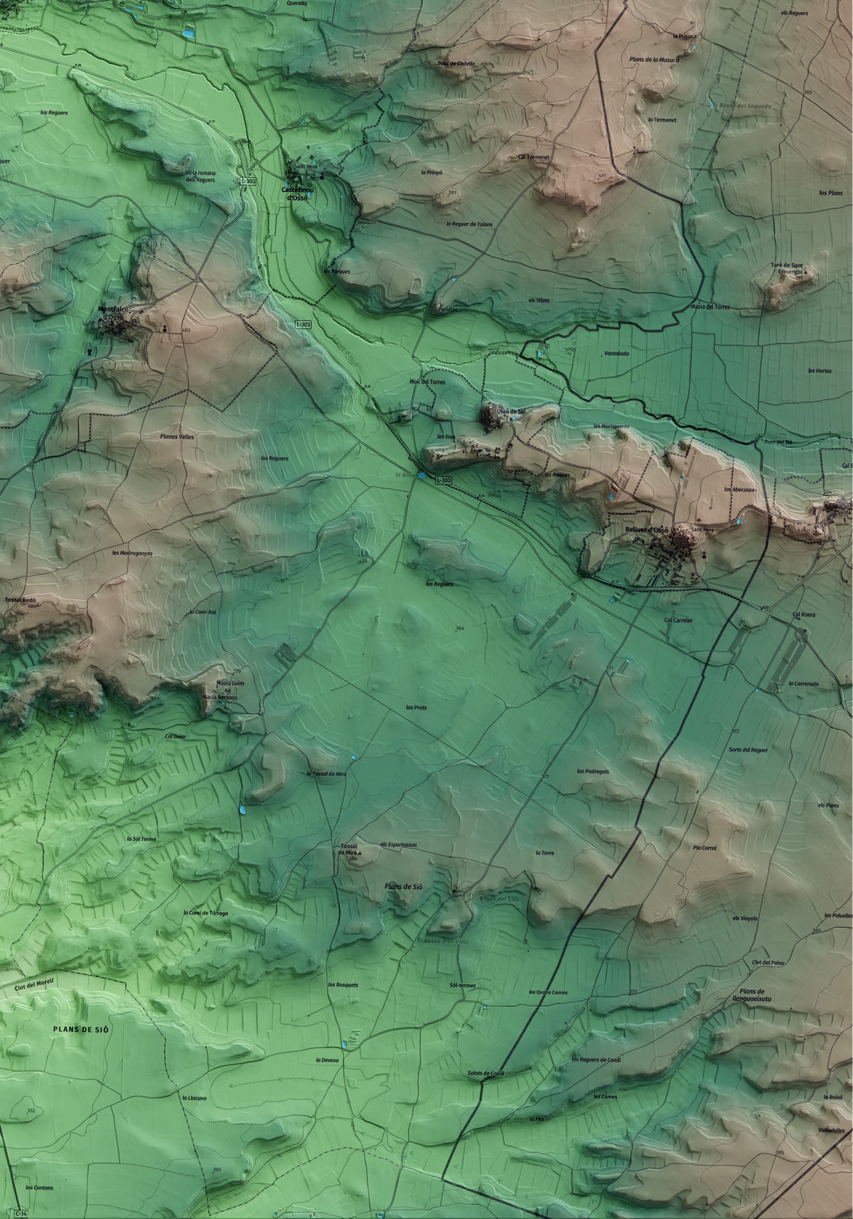 Mapa artístico del relieve de Puigverd d'Agramunt, al Urgell, con 15 km de entorno y base topográfica ICGC. Detalle de la zona inferior derecha.