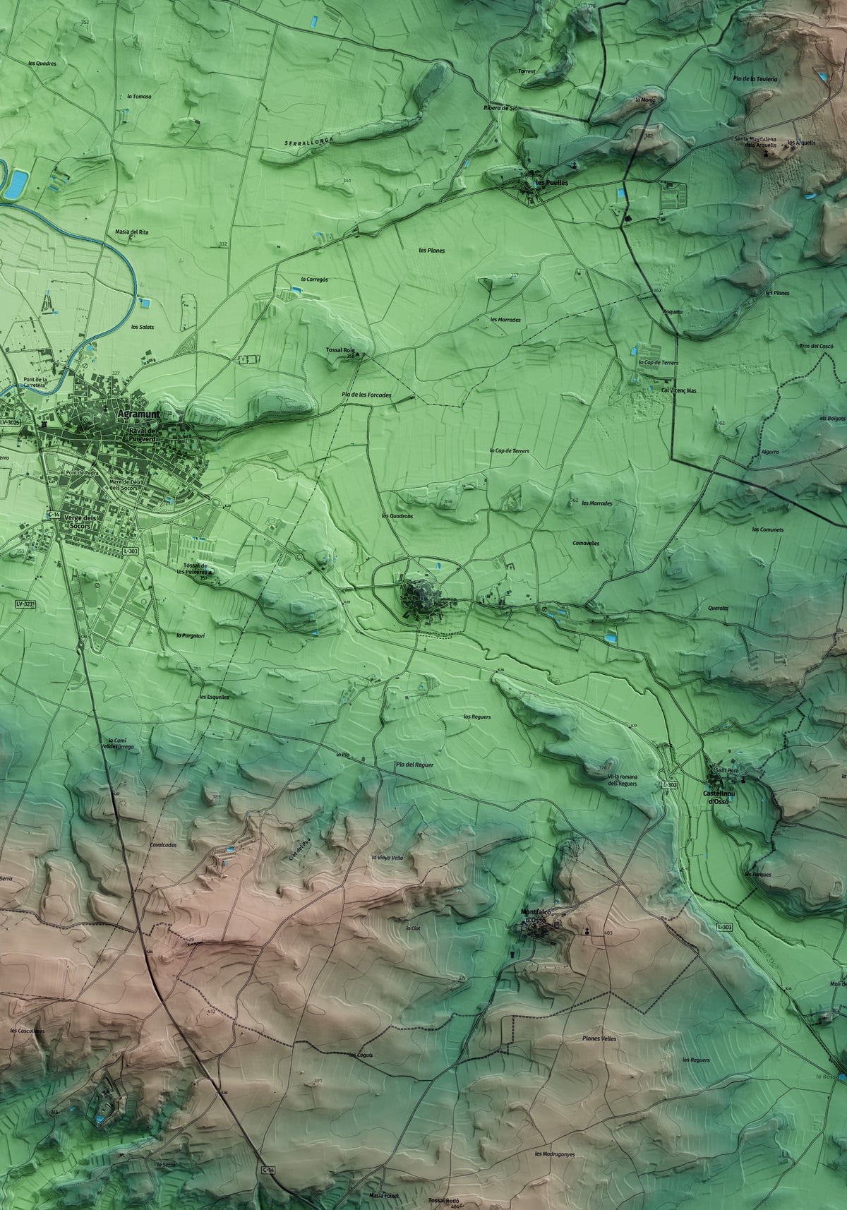 Mapa artístico del relieve de Puigverd d'Agramunt, al Urgell, con 15 km de entorno y base topográfica ICGC. Detalle de la zona central.