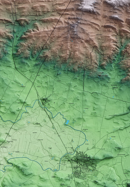 Mapa artístico del relieve de Puigverd d'Agramunt, al Urgell, con 15 km de entorno y base topográfica ICGC. Detalle de la zona superior izquierda.