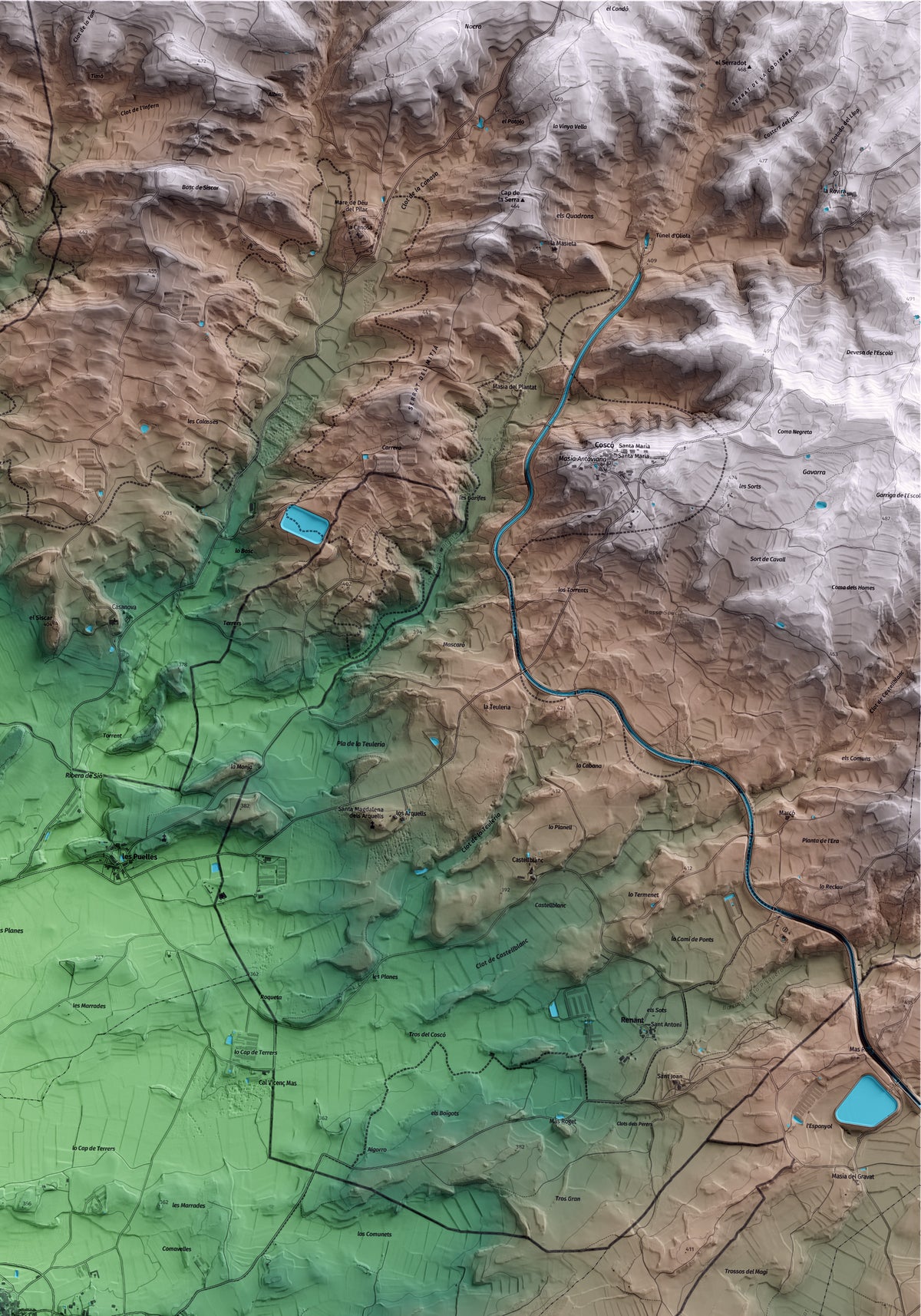 Mapa artístico del relieve de Puigverd d'Agramunt, al Urgell, con 15 km de entorno y base topográfica ICGC. Detalle de la zona superior derecha.