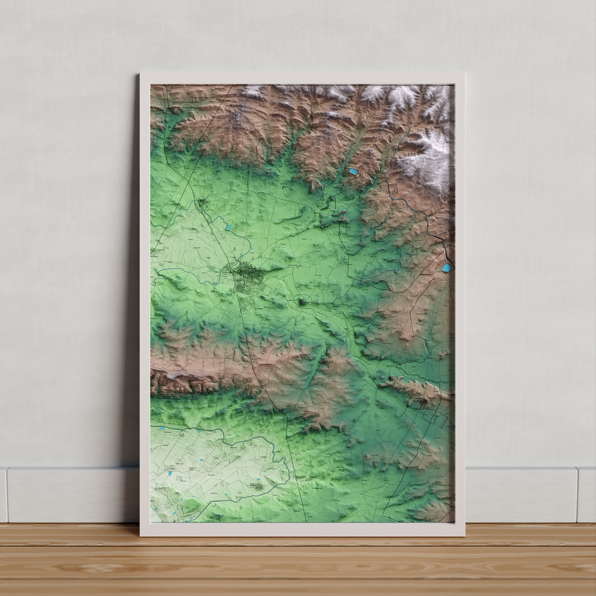 Mapa artístico del relieve de Puigverd d'Agramunt, al Urgell, con 15 km de entorno y base topográfica ICGC. Presentación enmarcada.