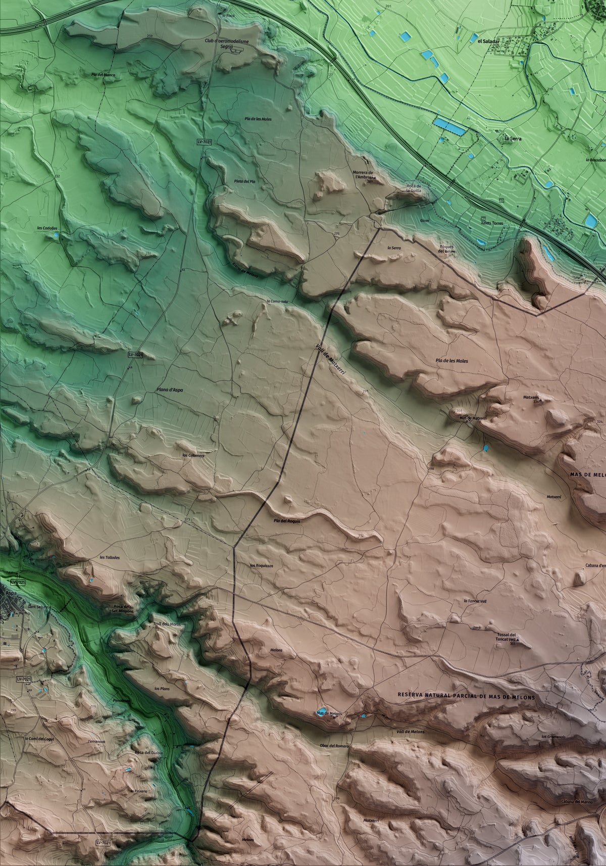 Mapa artístico del relieve de Puigverd de Lleida, al Segrià, con 15 km de entorno y base topográfica ICGC. Detalle de la zona inferior izquierda.