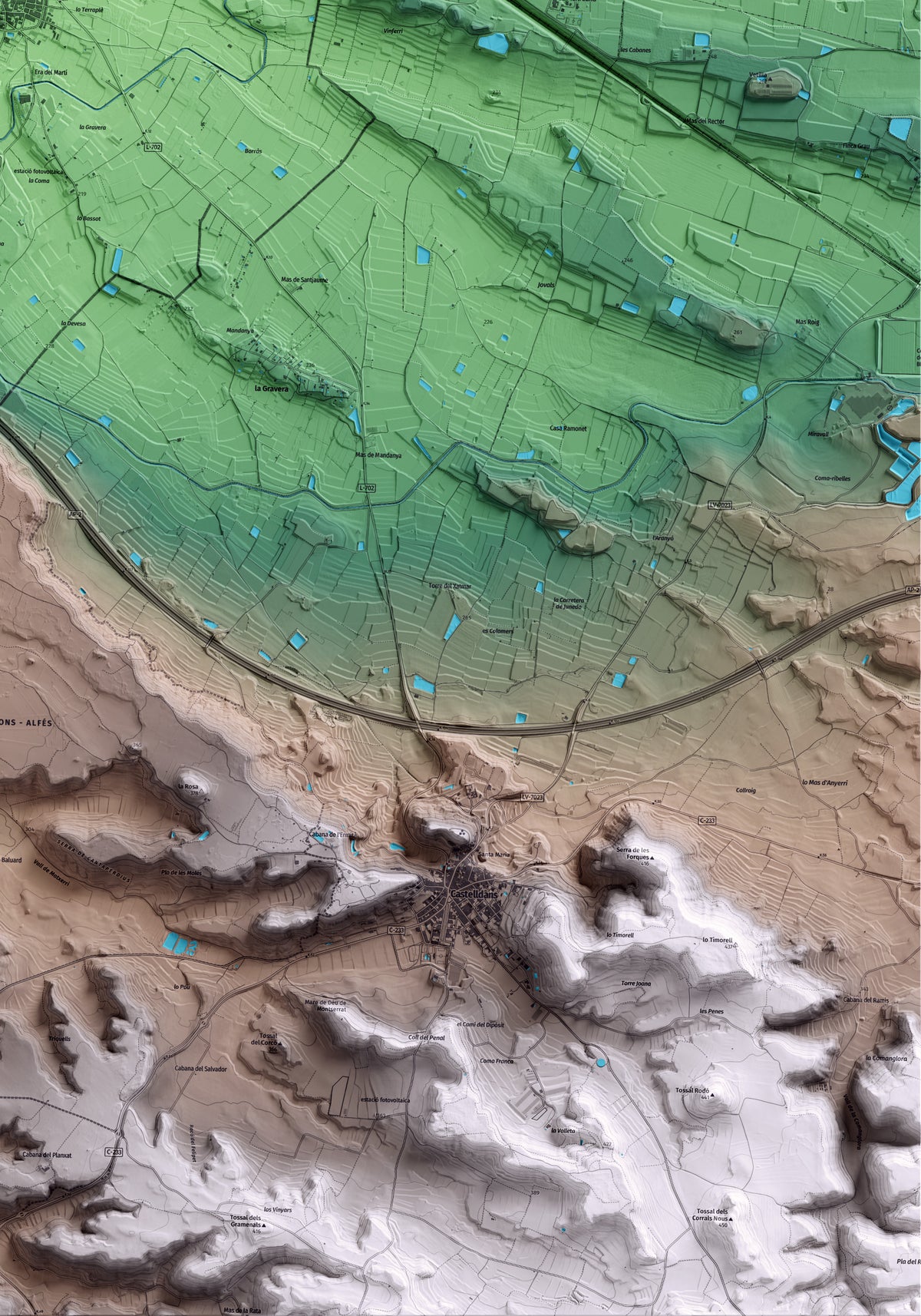 Mapa artístico del relieve de Puigverd de Lleida, al Segrià, con 15 km de entorno y base topográfica ICGC. Detalle de la zona inferior derecha.