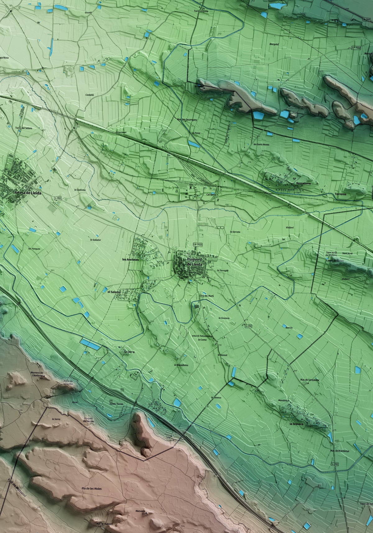 Mapa artístico del relieve de Puigverd de Lleida, al Segrià, con 15 km de entorno y base topográfica ICGC. Detalle de la zona central.