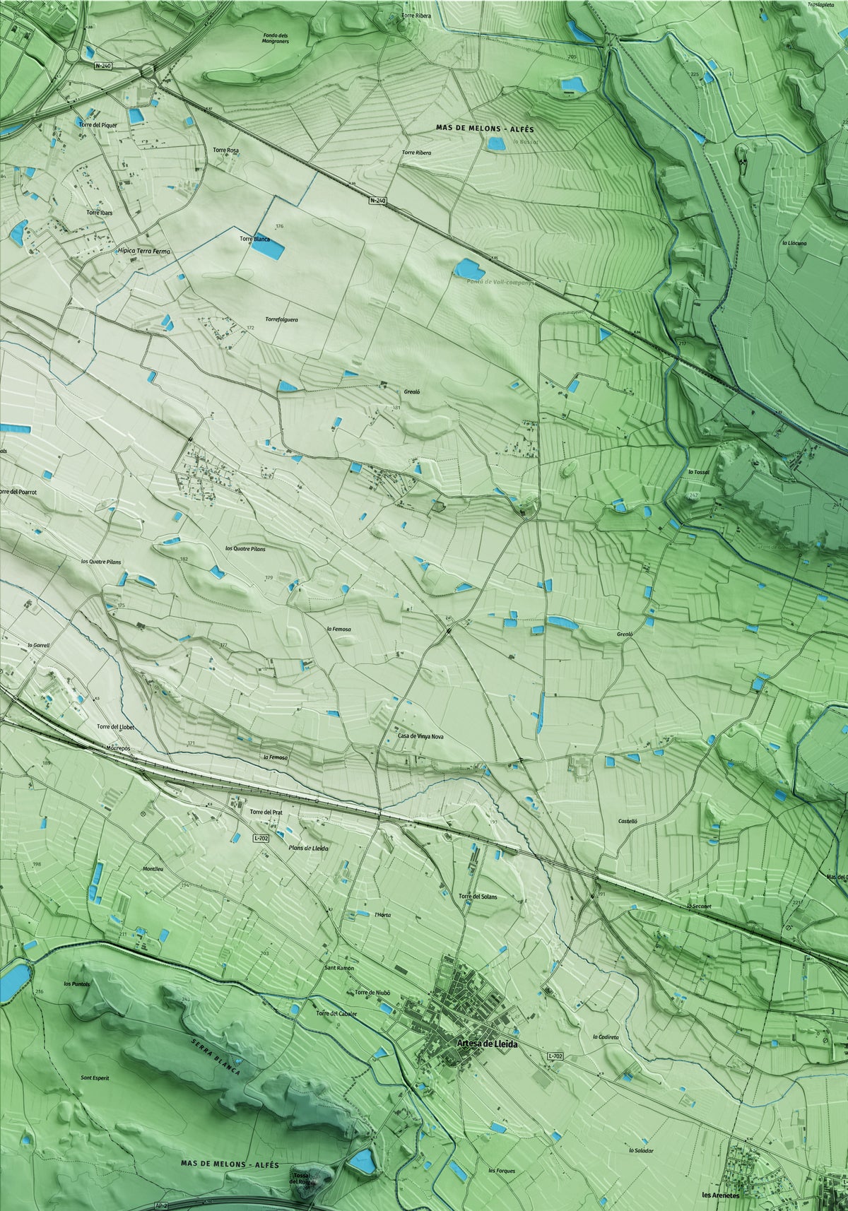 Mapa artístico del relieve de Puigverd de Lleida, al Segrià, con 15 km de entorno y base topográfica ICGC. Detalle de la zona superior izquierda.