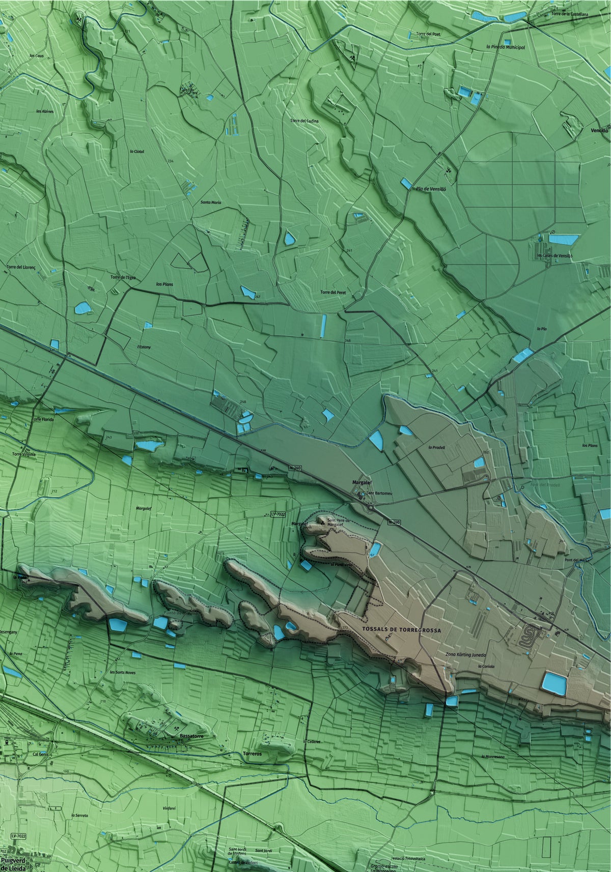 Mapa artístico del relieve de Puigverd de Lleida, al Segrià, con 15 km de entorno y base topográfica ICGC. Detalle de la zona superior derecha.