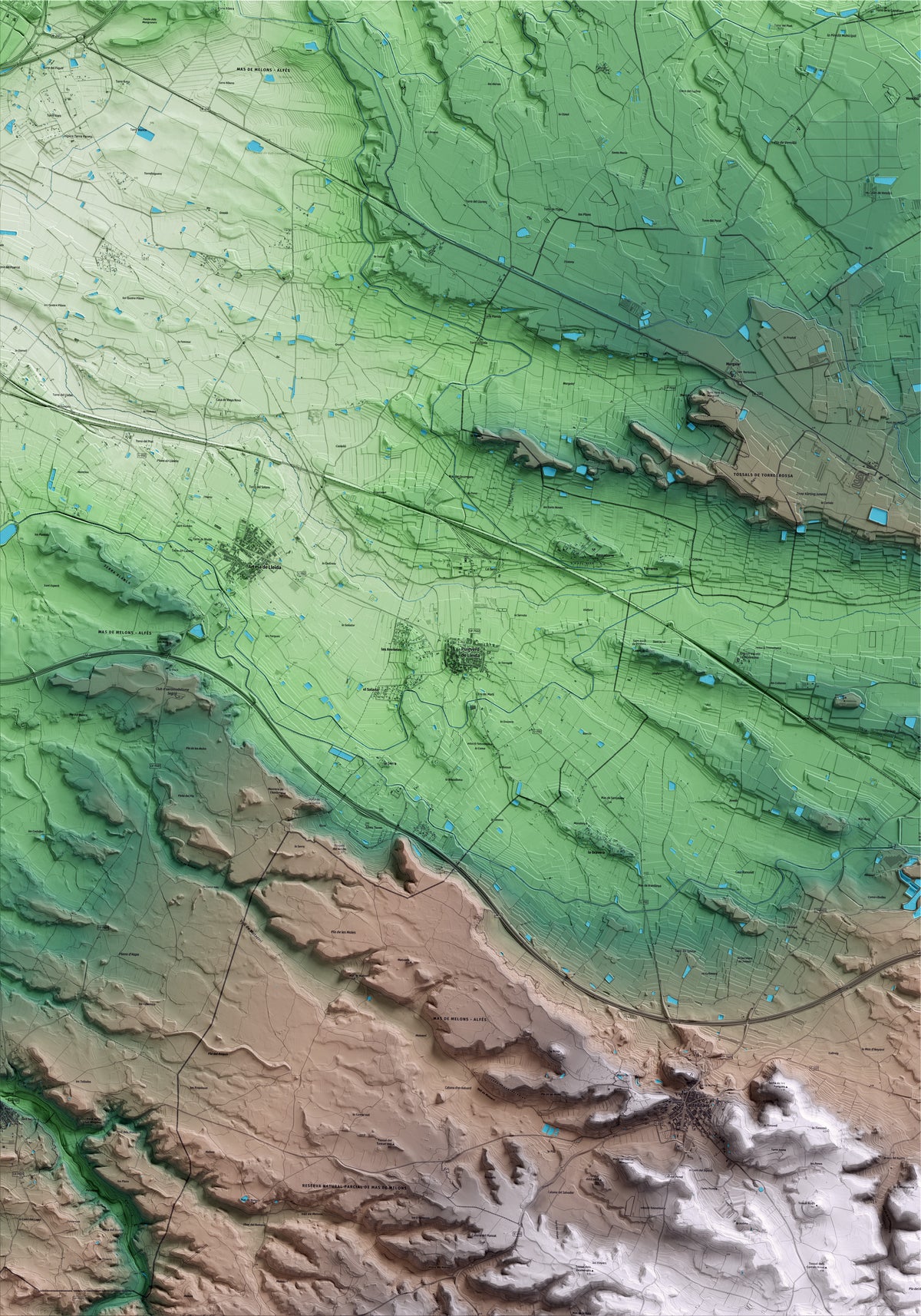 Mapa artístico del relieve de Puigverd de Lleida, al Segrià, con 15 km de entorno y base topográfica ICGC