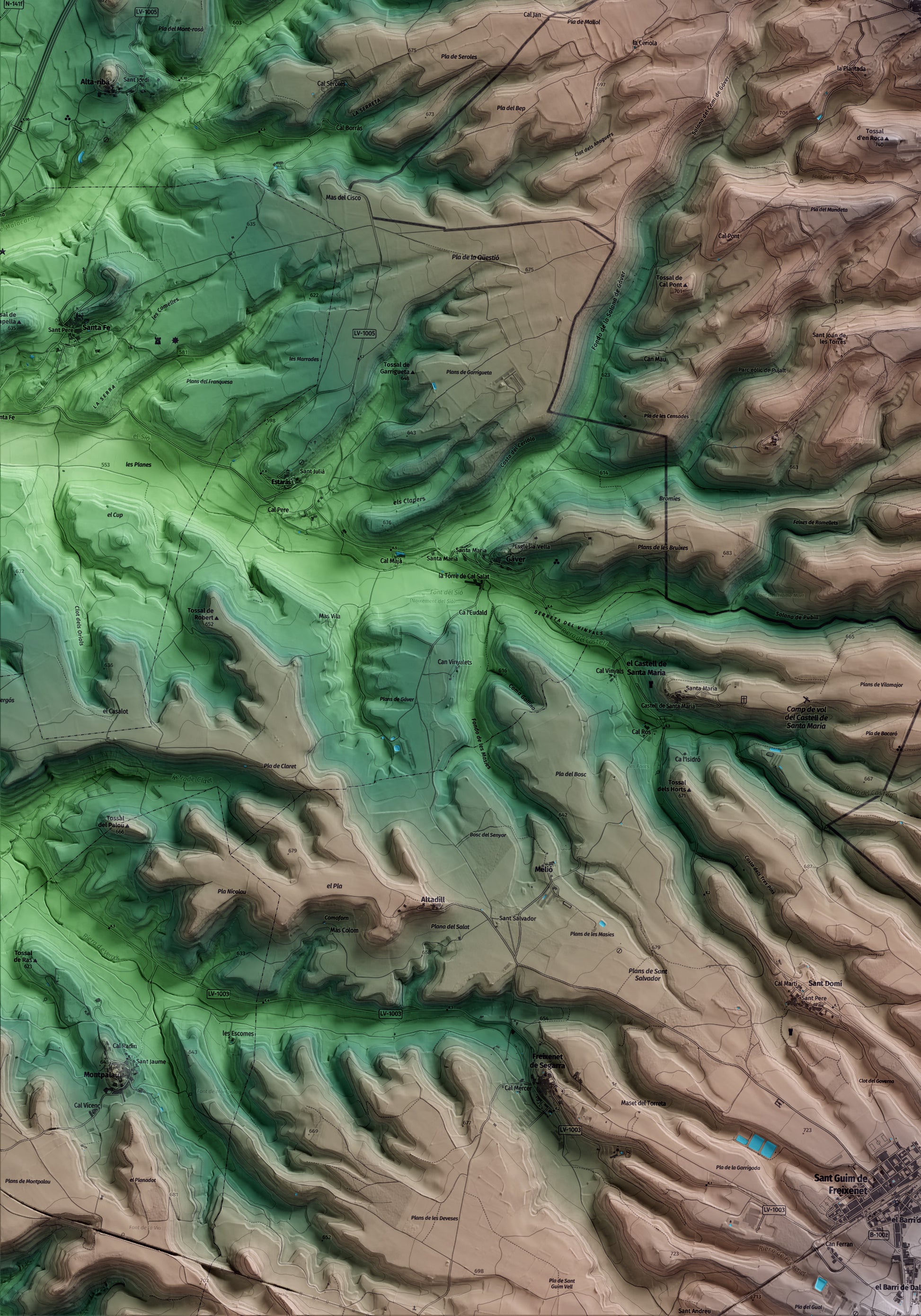 Mapa artístico del relieve de Pujalt, al Anoia, con 15 km de entorno y base topográfica ICGC. Detalle de la zona inferior izquierda.