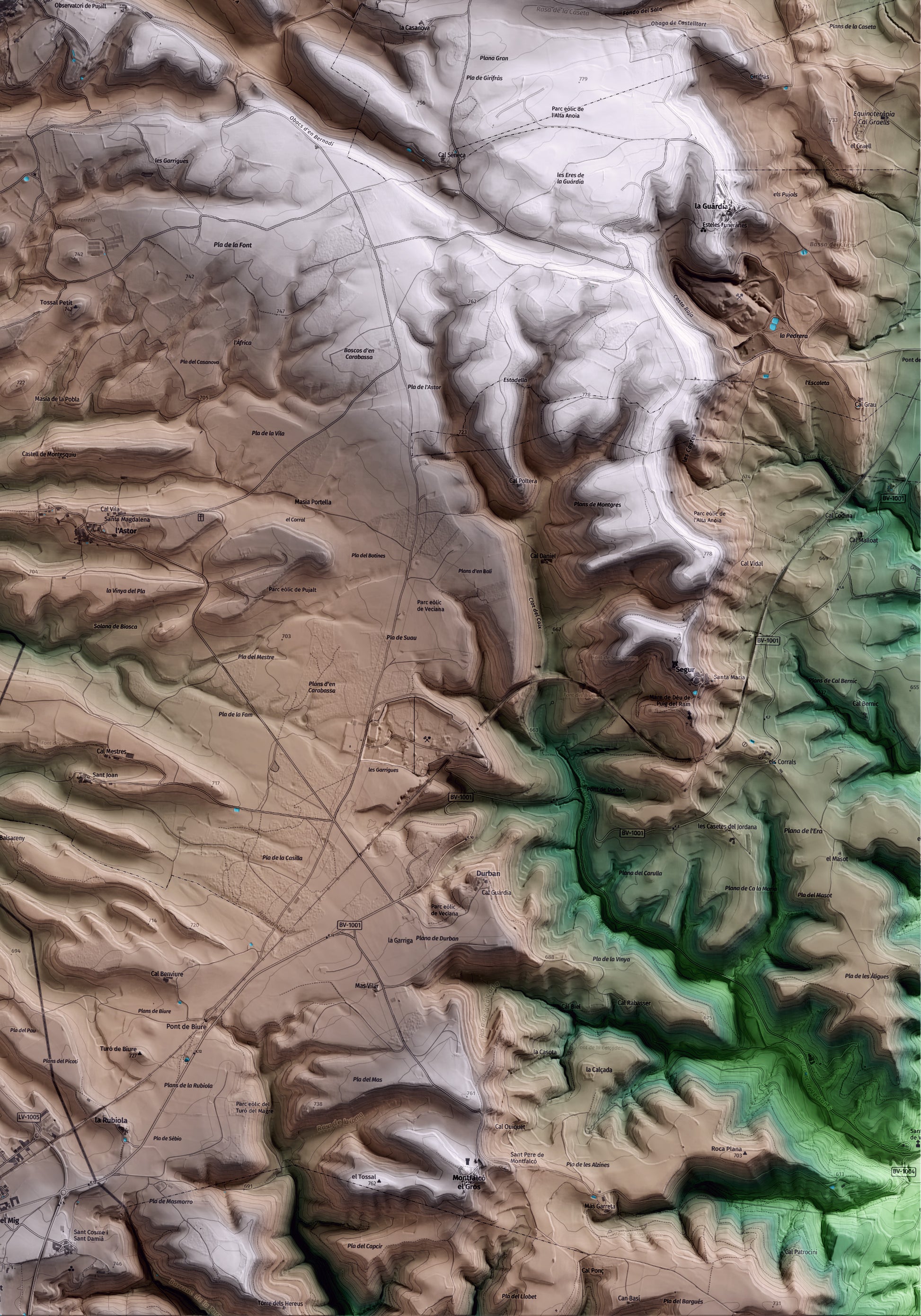 Mapa artístico del relieve de Pujalt, al Anoia, con 15 km de entorno y base topográfica ICGC. Detalle de la zona inferior derecha.