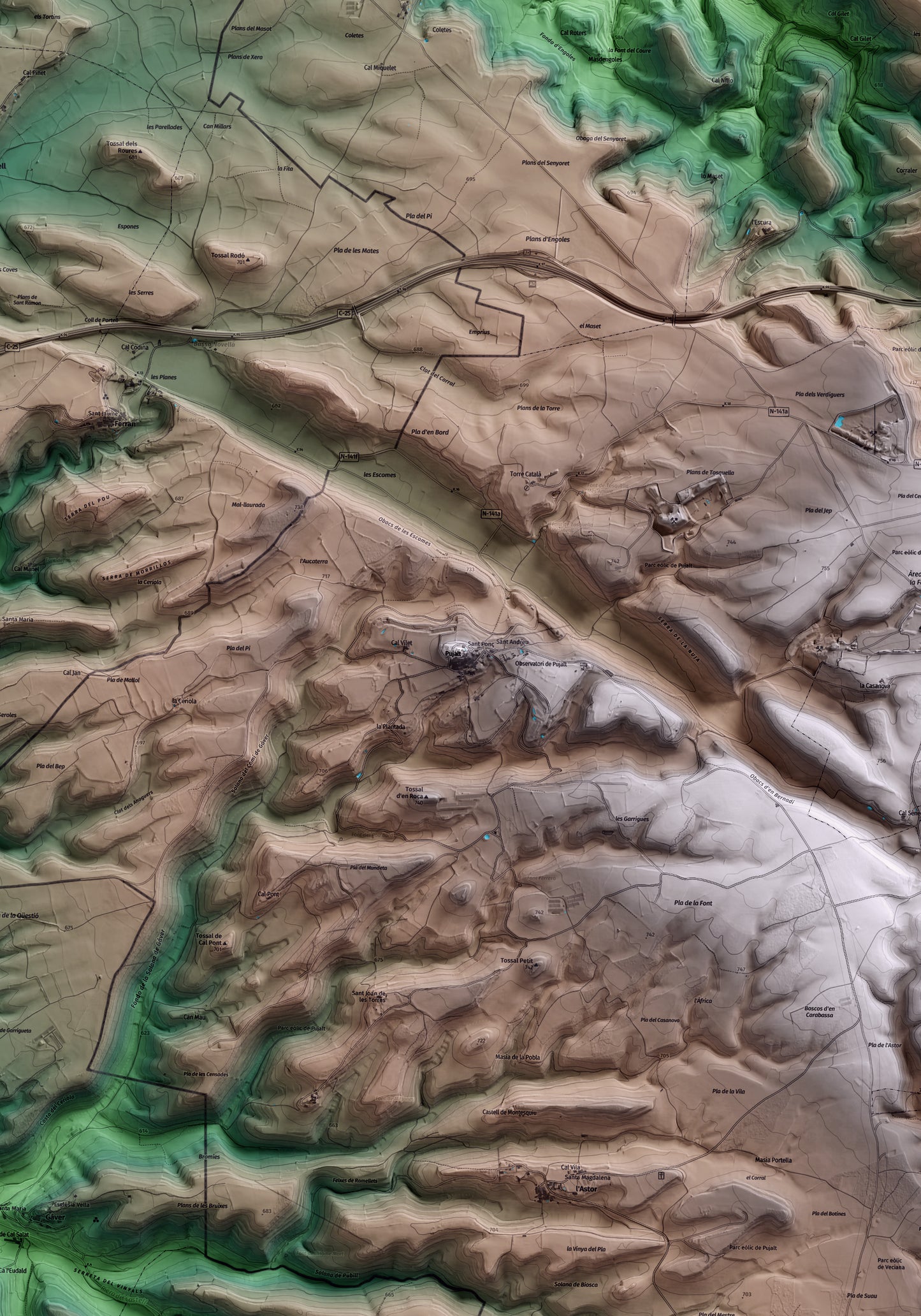 Mapa artístico del relieve de Pujalt, al Anoia, con 15 km de entorno y base topográfica ICGC. Detalle de la zona central.