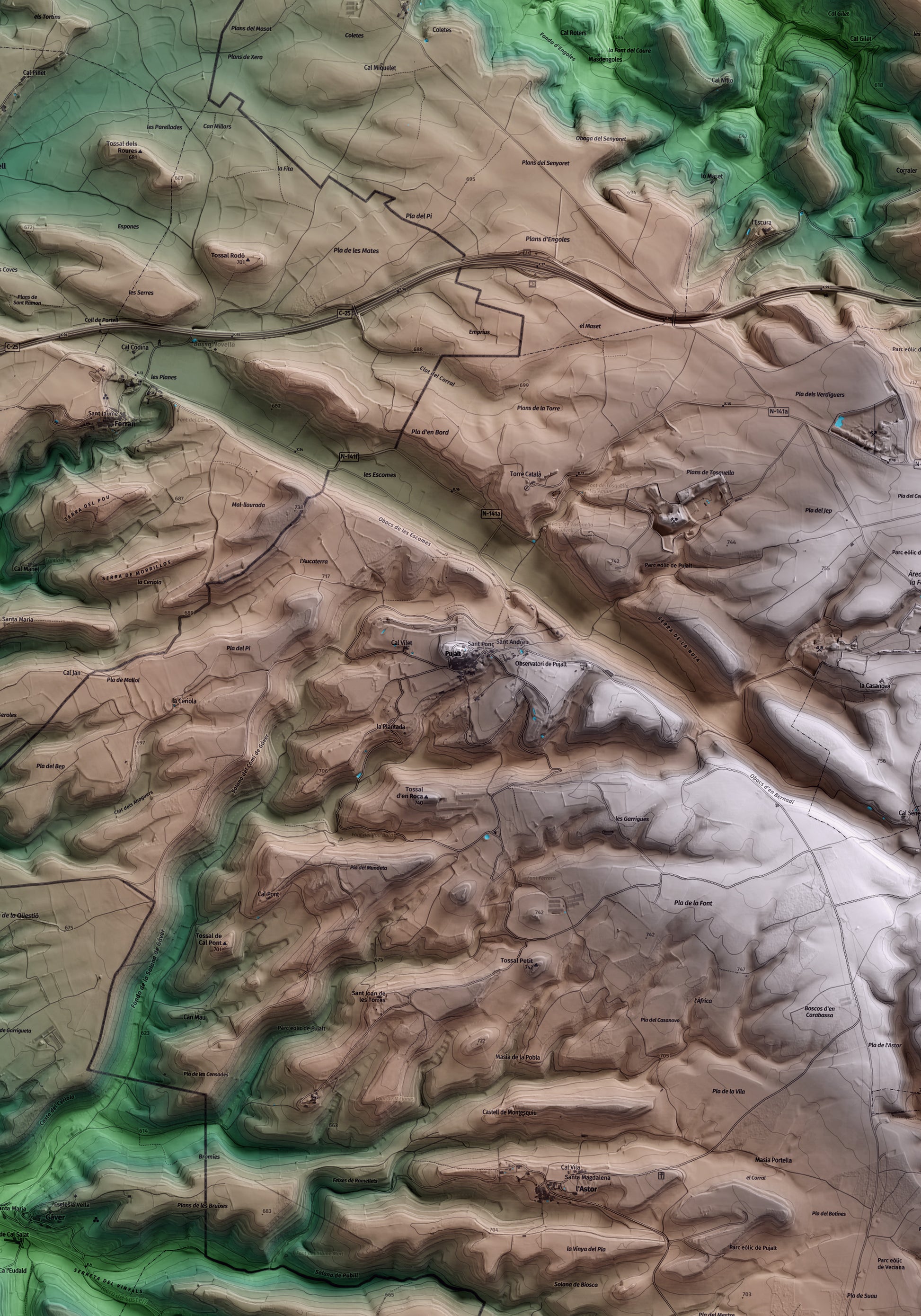 Mapa artístico del relieve de Pujalt, al Anoia, con 15 km de entorno y base topográfica ICGC. Detalle de la zona central.