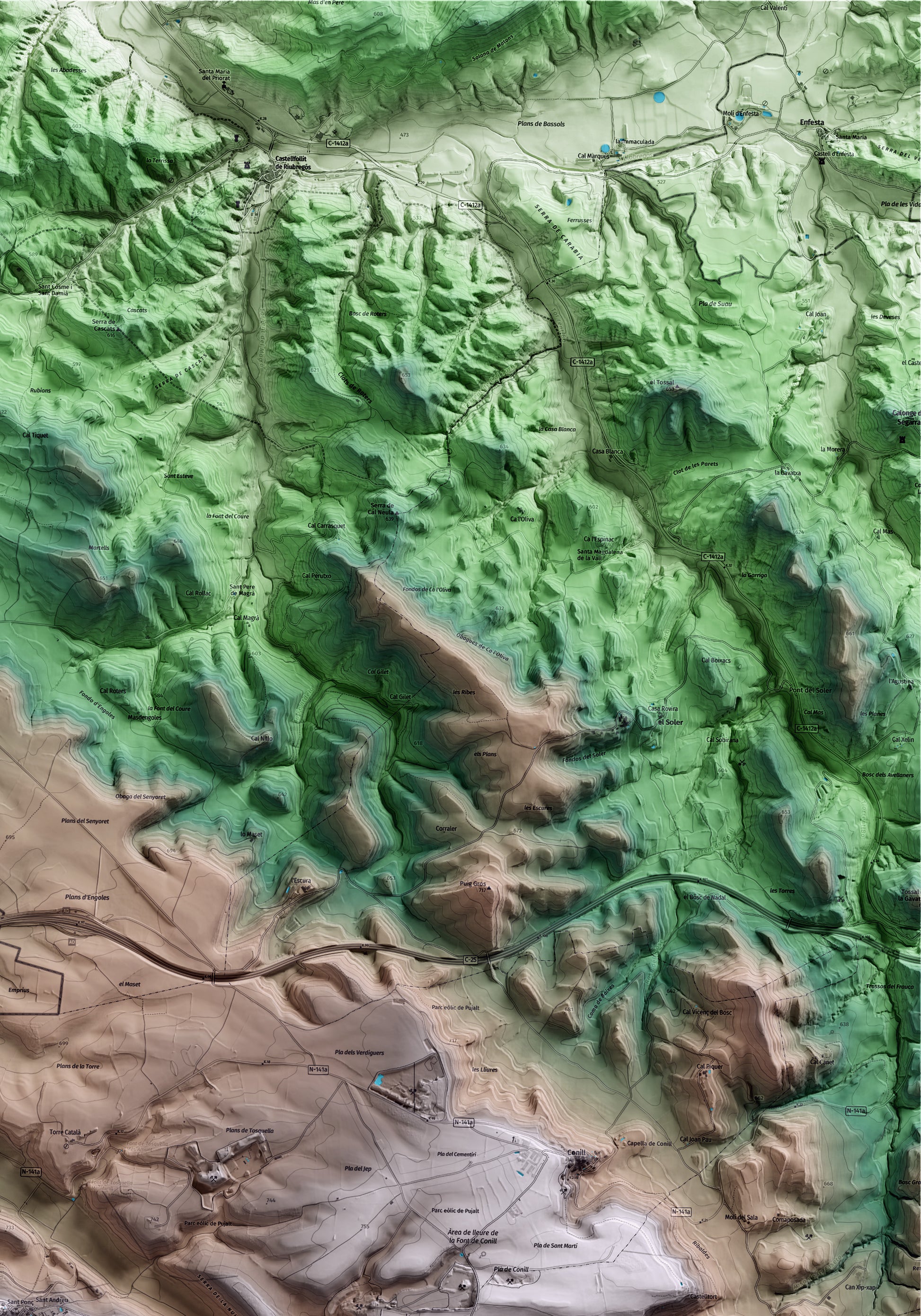 Mapa artístico del relieve de Pujalt, al Anoia, con 15 km de entorno y base topográfica ICGC. Detalle de la zona superior derecha.