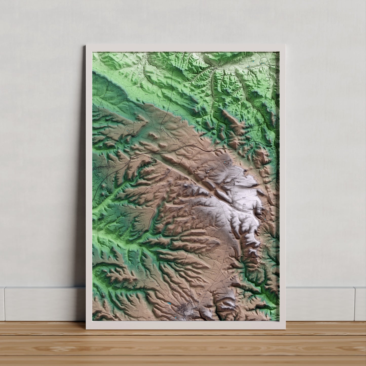 Mapa artístico del relieve de Pujalt, al Anoia, con 15 km de entorno y base topográfica ICGC. Presentación enmarcada.