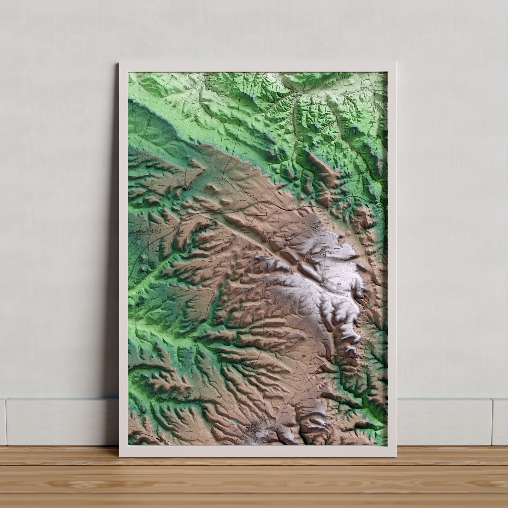 Mapa artístico del relieve de Pujalt, al Anoia, con 15 km de entorno y base topográfica ICGC. Presentación enmarcada.