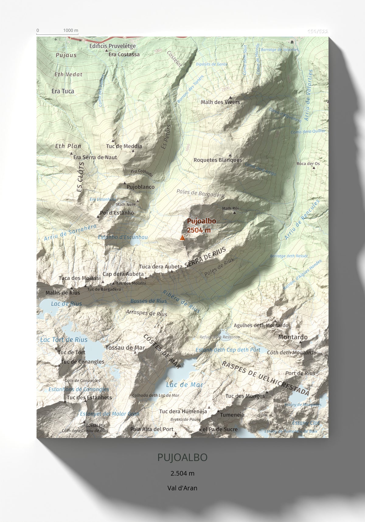 Mapa de relieve de Pujoalbo, 2504 m, Val d'Aran, lámina 100 Cims de Trobart 21 × 30 cm.