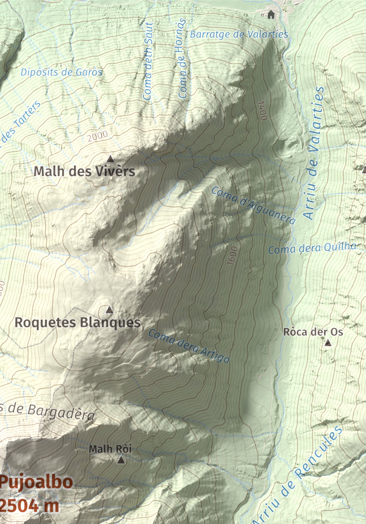 Mapa de relieve de Pujoalbo, 2504 m, Val d'Aran, lámina 100 Cims de Trobart. Detalle de la zona superior derecha. 21 × 30 cm.