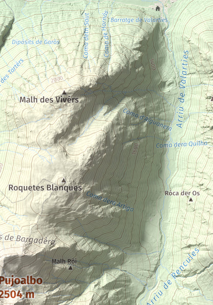 Mapa de relieve de Pujoalbo, 2504 m, Val d'Aran, lámina 100 Cims de Trobart. Detalle de la zona superior derecha. 21 × 30 cm.