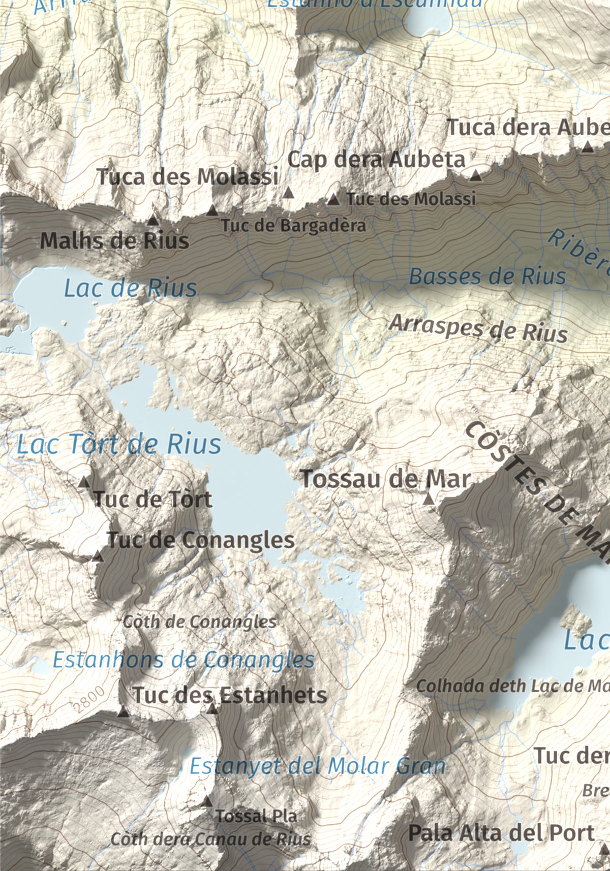 Mapa de relieve de Pujoalbo, 2504 m, Val d'Aran, lámina 100 Cims de Trobart. Detalle de la zona inferior izquierda. 21 × 30 cm.