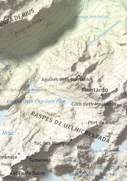 Mapa de relieve de Pujoalbo, 2504 m, Val d'Aran, lámina 100 Cims de Trobart. Detalle de la zona inferior derecha. 21 × 30 cm.