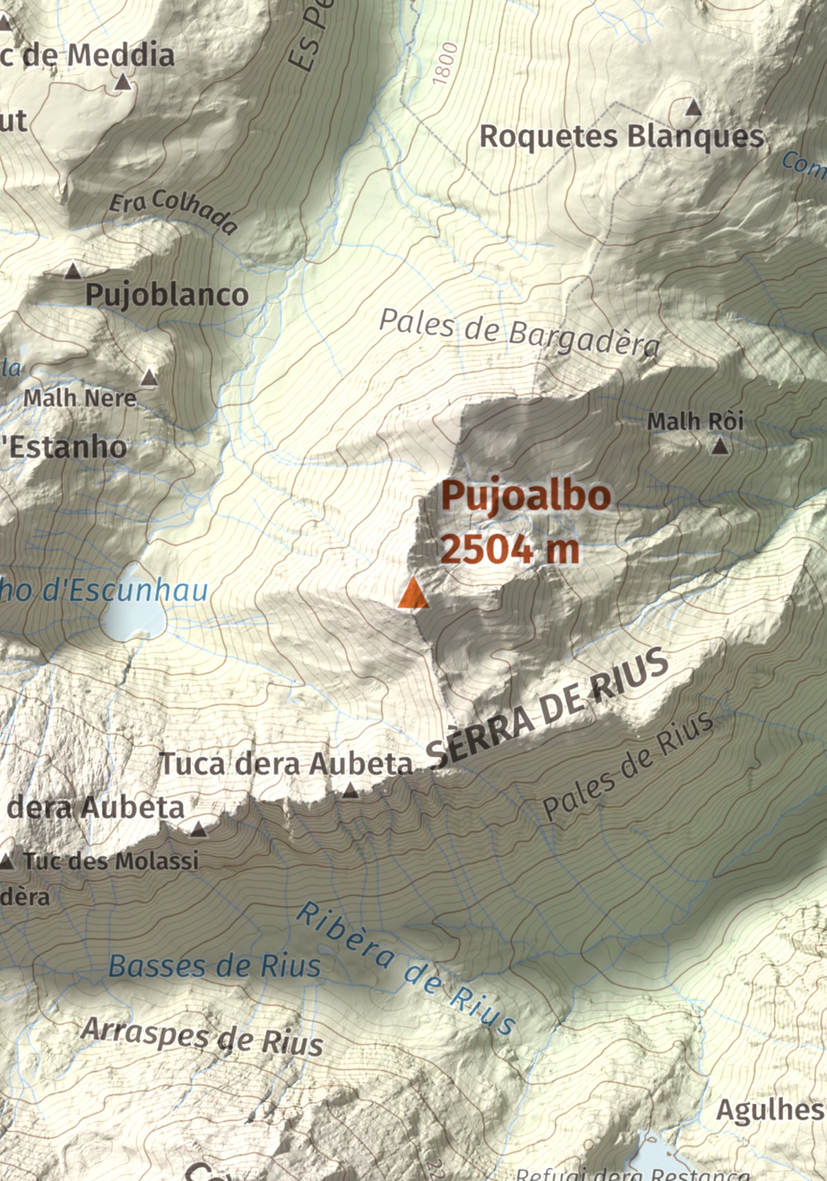 Mapa de relieve de Pujoalbo, 2504 m, Val d'Aran, lámina 100 Cims de Trobart. Detalle de la zona central. 21 × 30 cm.