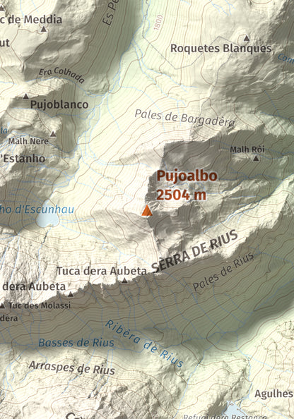 Mapa de relieve de Pujoalbo, 2504 m, Val d'Aran, lámina 100 Cims de Trobart. Detalle de la zona central. 21 × 30 cm.