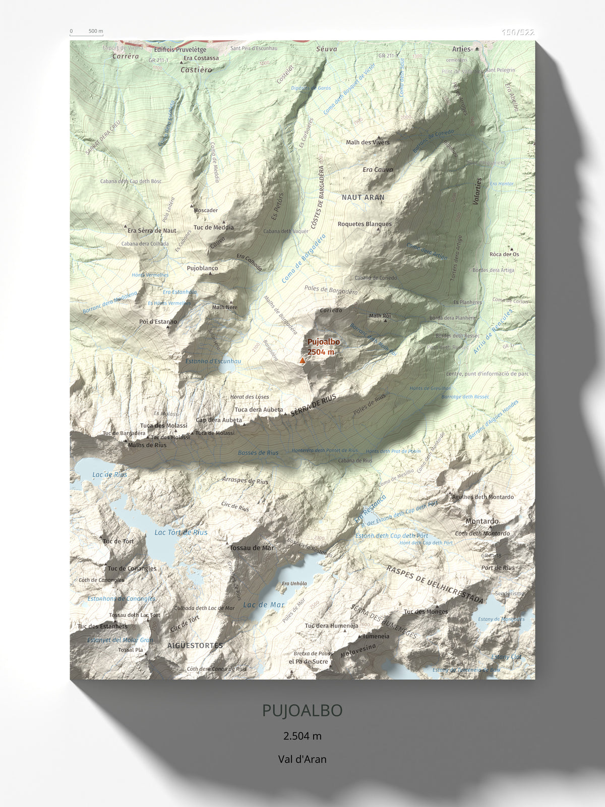 Mapa de relieve de Pujoalbo, 2504 m, Val d'Aran, lámina 100 Cims de Trobart 30 × 40 cm.