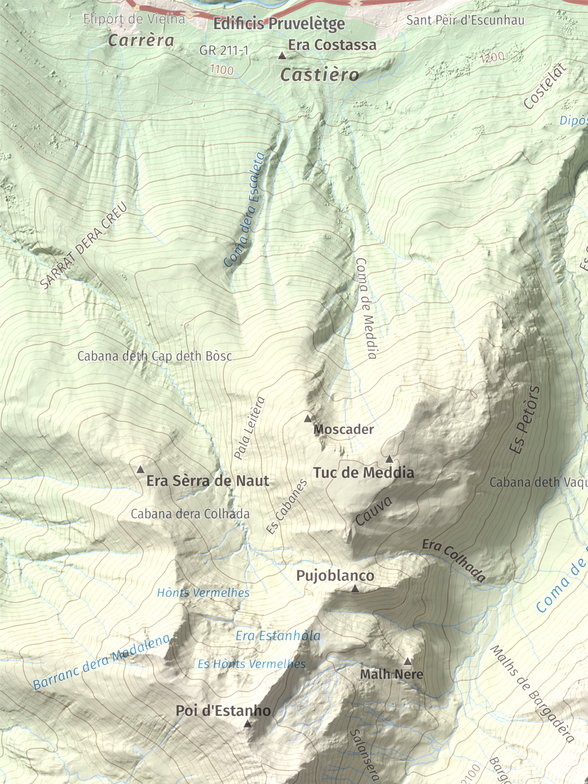 Mapa de relieve de Pujoalbo, 2504 m, Val d'Aran, lámina 100 Cims de Trobart. Detalle de la zona superior izquierda. 30 × 40 cm.