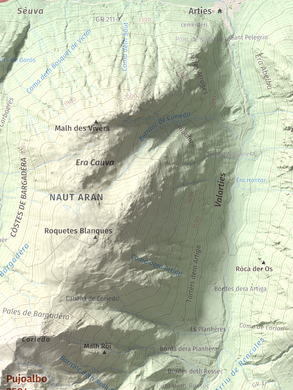 Mapa de relieve de Pujoalbo, 2504 m, Val d'Aran, lámina 100 Cims de Trobart. Detalle de la zona superior derecha. 30 × 40 cm.