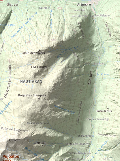 Mapa de relieve de Pujoalbo, 2504 m, Val d'Aran, lámina 100 Cims de Trobart. Detalle de la zona superior derecha. 30 × 40 cm.