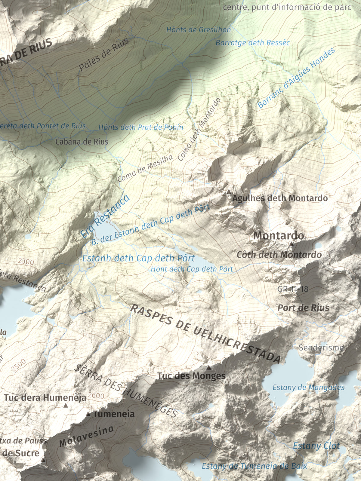 Mapa de relieve de Pujoalbo, 2504 m, Val d'Aran, lámina 100 Cims de Trobart. Detalle de la zona inferior derecha. 30 × 40 cm.