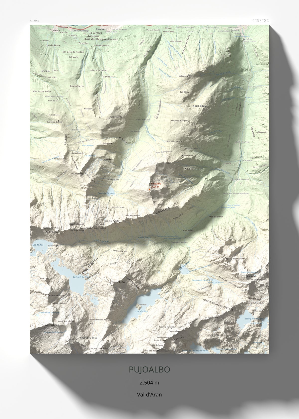 Mapa de relieve de Pujoalbo, 2504 m, Val d'Aran, lámina 100 Cims de Trobart 50 × 70 cm.