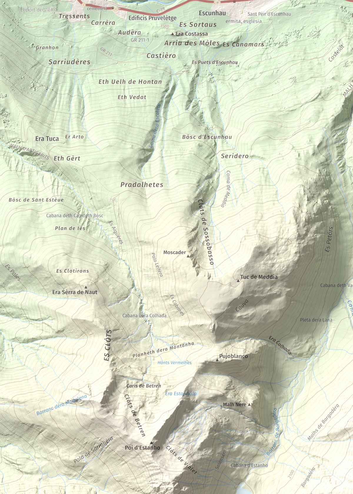 Mapa de relieve de Pujoalbo, 2504 m, Val d'Aran, lámina 100 Cims de Trobart. Detalle de la zona superior izquierda. 50 × 70 cm.