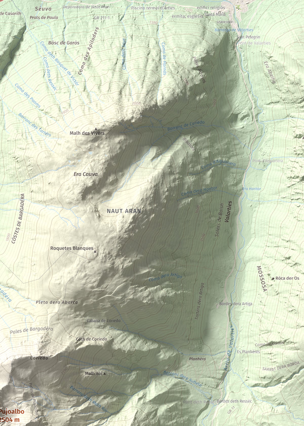 Mapa de relieve de Pujoalbo, 2504 m, Val d'Aran, lámina 100 Cims de Trobart. Detalle de la zona superior derecha. 50 × 70 cm.
