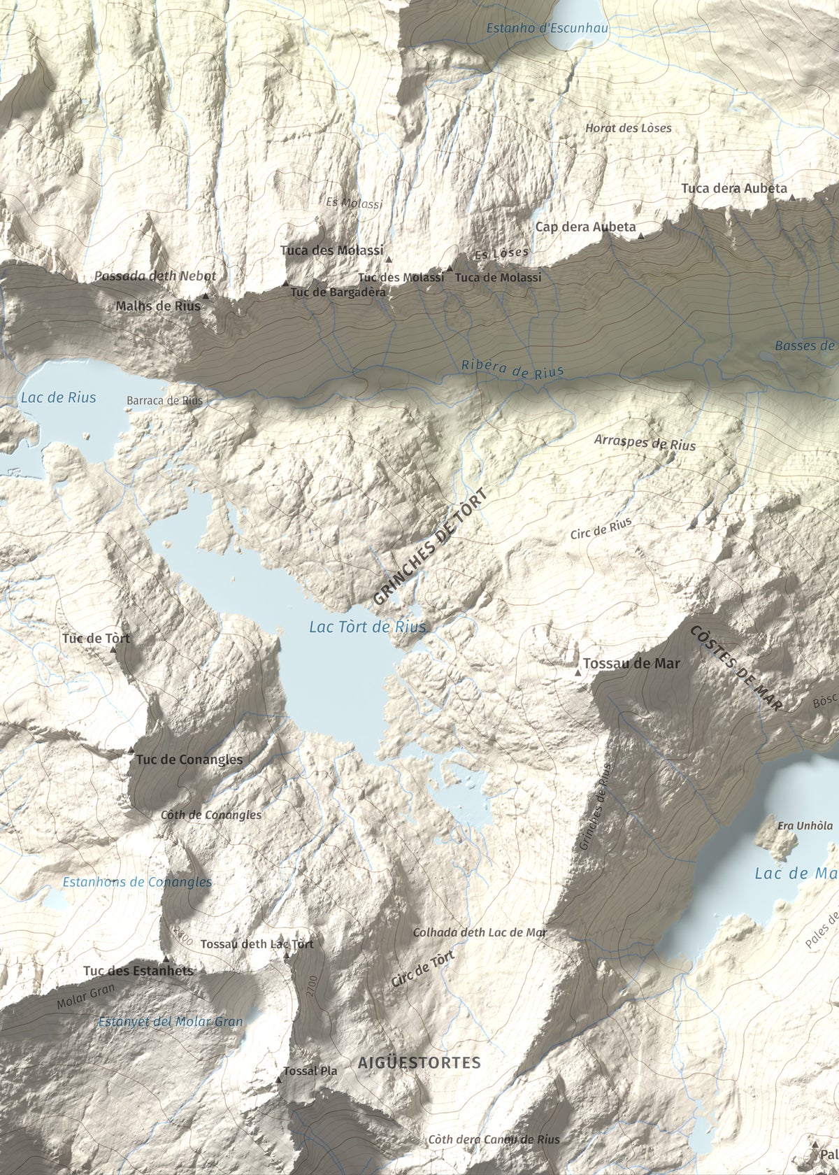 Mapa de relieve de Pujoalbo, 2504 m, Val d'Aran, lámina 100 Cims de Trobart. Detalle de la zona inferior izquierda. 50 × 70 cm.
