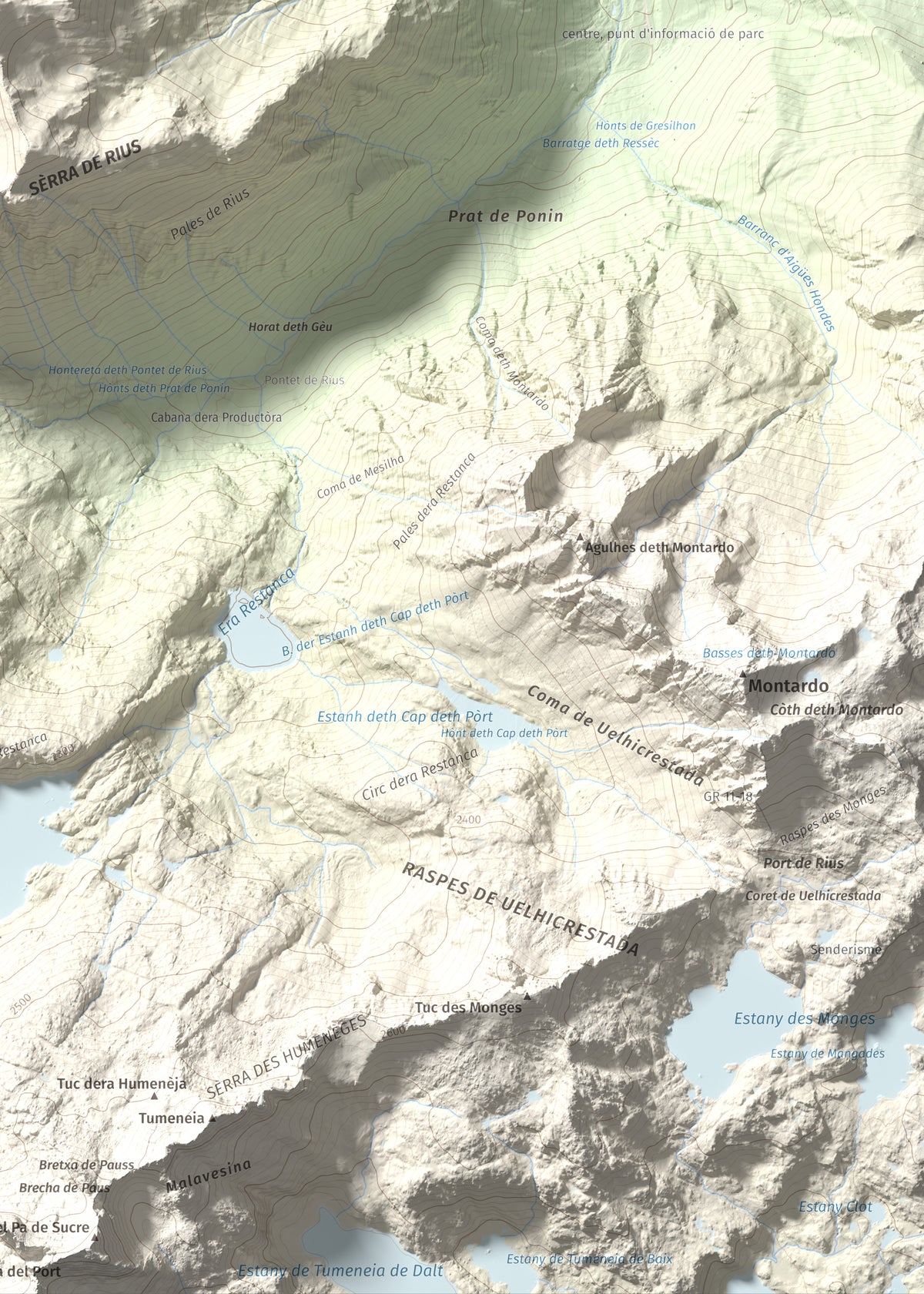 Mapa de relieve de Pujoalbo, 2504 m, Val d'Aran, lámina 100 Cims de Trobart. Detalle de la zona inferior derecha. 50 × 70 cm.