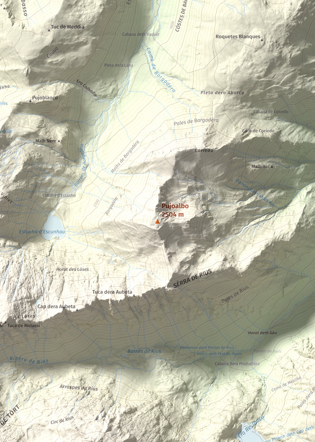 Mapa de relieve de Pujoalbo, 2504 m, Val d'Aran, lámina 100 Cims de Trobart. Detalle de la zona central. 50 × 70 cm.