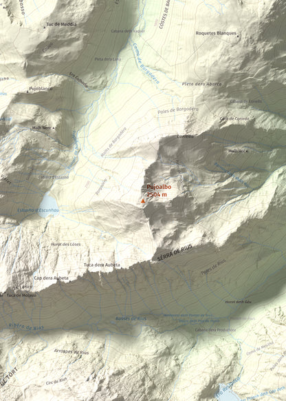 Mapa de relieve de Pujoalbo, 2504 m, Val d'Aran, lámina 100 Cims de Trobart. Detalle de la zona central. 50 × 70 cm.