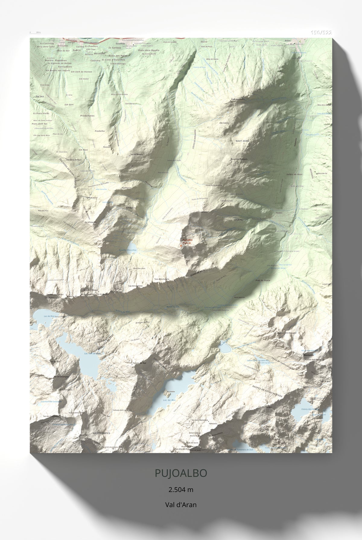 Mapa de relieve de Pujoalbo, 2504 m, Val d'Aran, lámina 100 Cims de Trobart 61 × 91 cm.