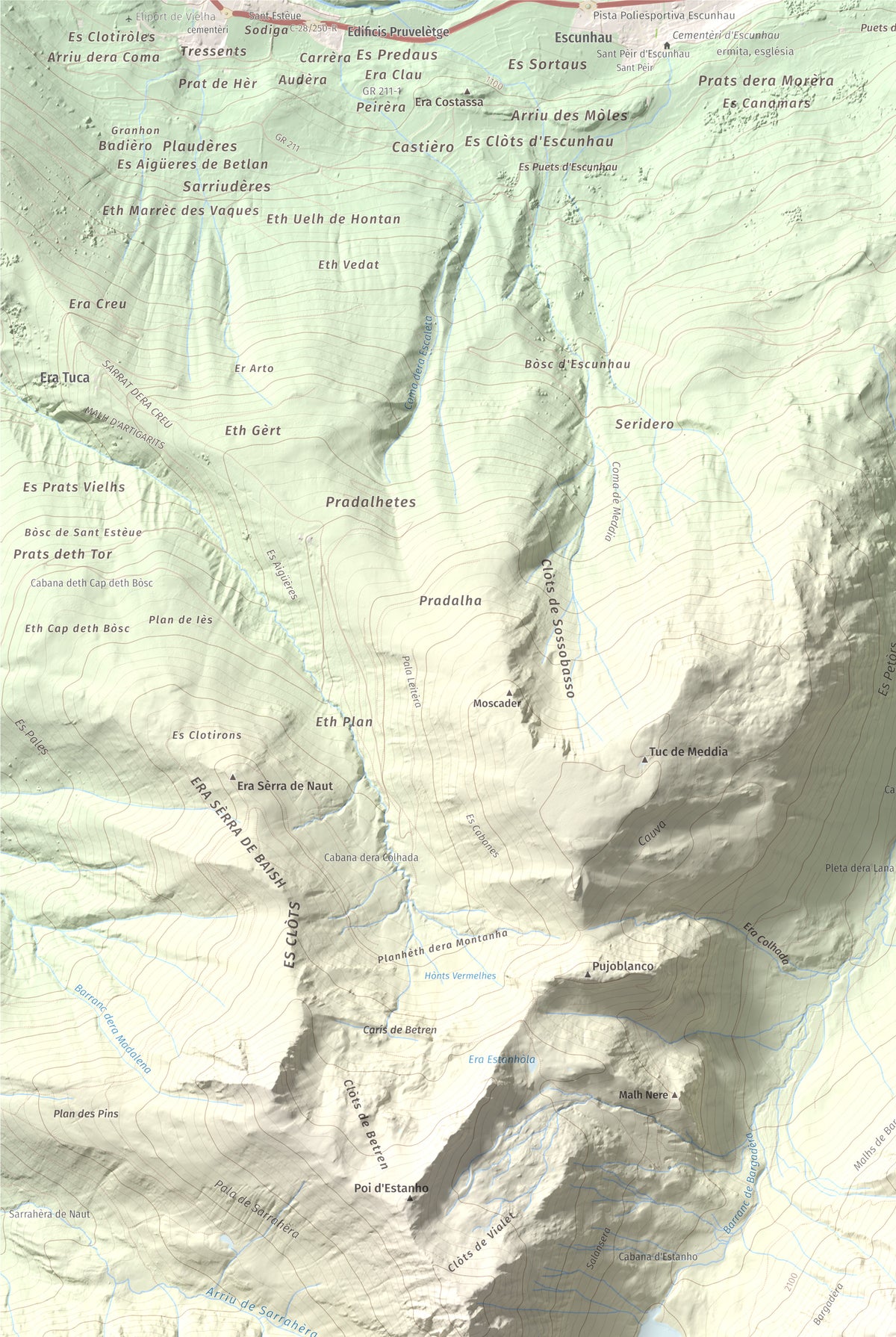 Mapa de relieve de Pujoalbo, 2504 m, Val d'Aran, lámina 100 Cims de Trobart. Detalle de la zona superior izquierda. 61 × 91 cm.