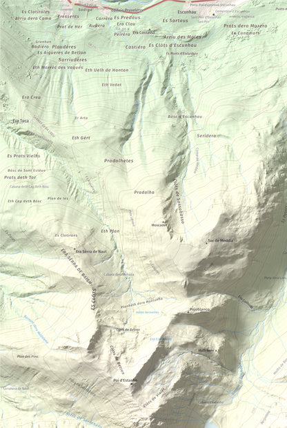Mapa de relieve de Pujoalbo, 2504 m, Val d'Aran, lámina 100 Cims de Trobart. Detalle de la zona superior izquierda. 61 × 91 cm.