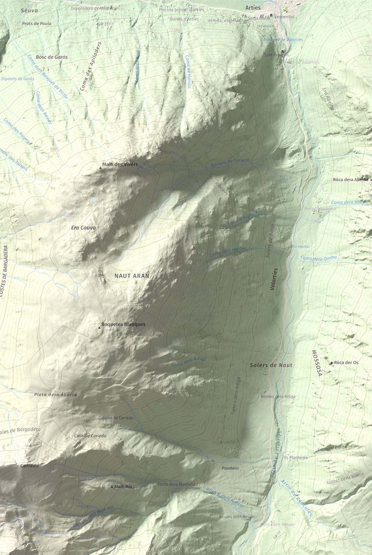 Mapa de relieve de Pujoalbo, 2504 m, Val d'Aran, lámina 100 Cims de Trobart. Detalle de la zona superior derecha. 61 × 91 cm.
