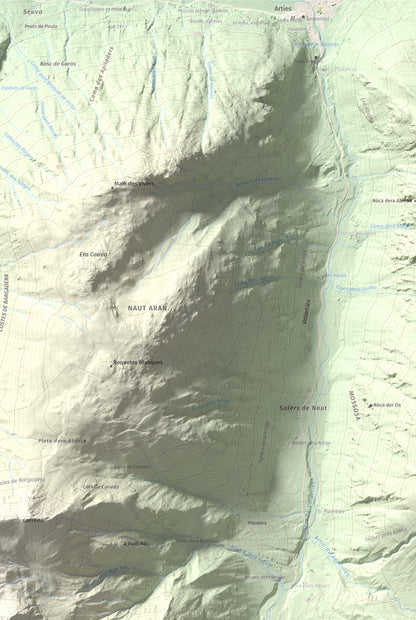 Mapa de relieve de Pujoalbo, 2504 m, Val d'Aran, lámina 100 Cims de Trobart. Detalle de la zona superior derecha. 61 × 91 cm.