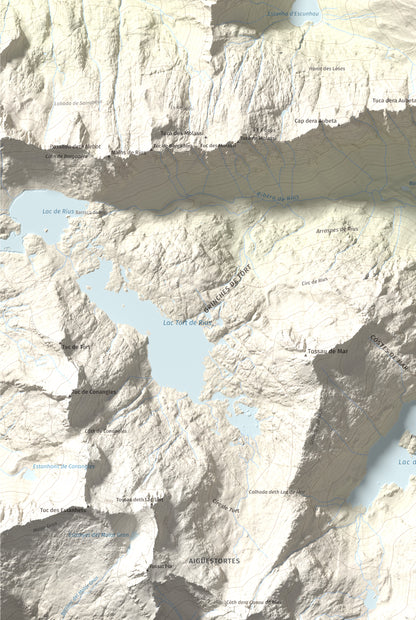 Mapa de relieve de Pujoalbo, 2504 m, Val d'Aran, lámina 100 Cims de Trobart. Detalle de la zona inferior izquierda. 61 × 91 cm.