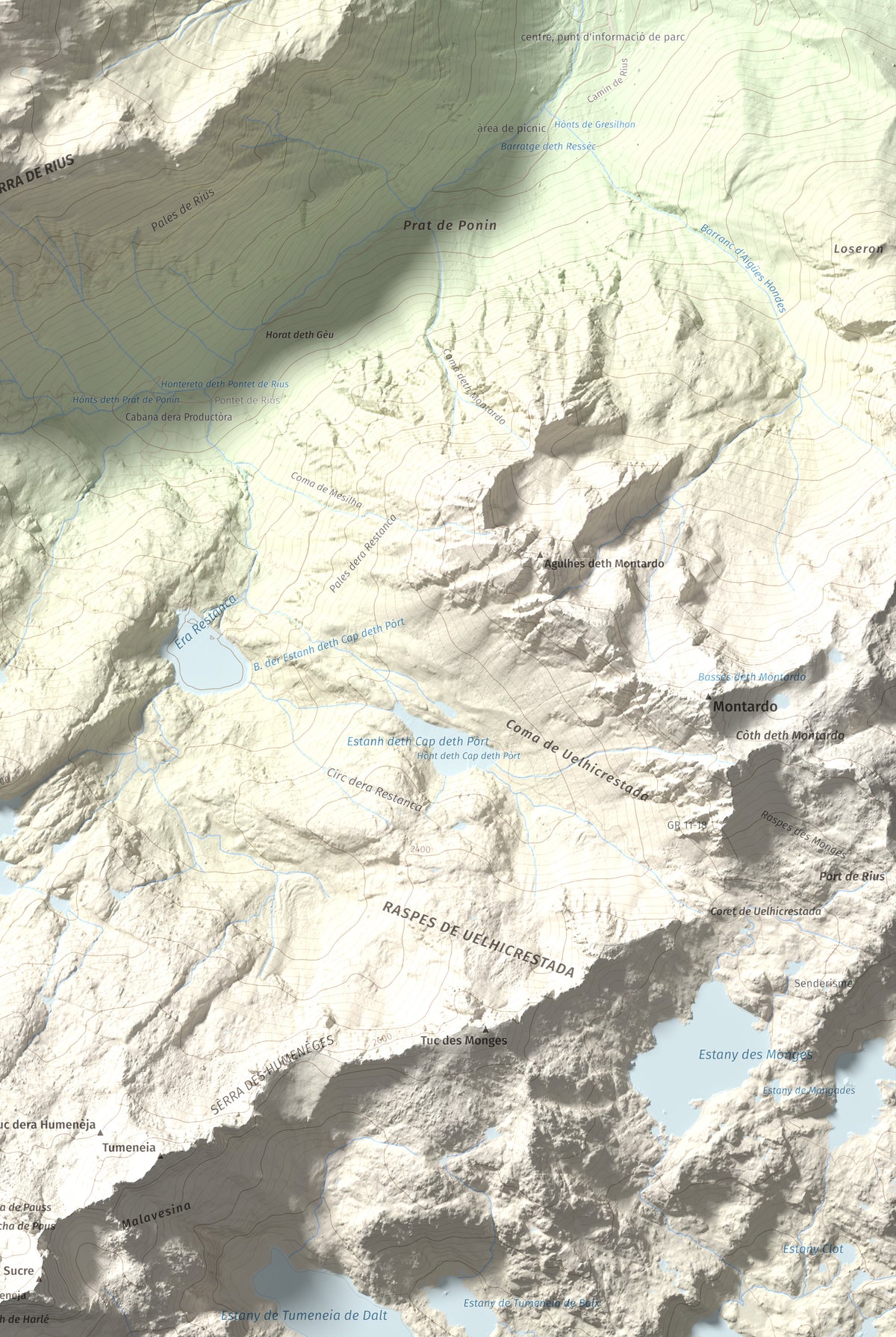Mapa de relieve de Pujoalbo, 2504 m, Val d'Aran, lámina 100 Cims de Trobart. Detalle de la zona inferior derecha. 61 × 91 cm.