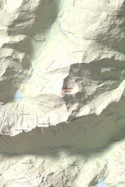 Mapa de relieve de Pujoalbo, 2504 m, Val d'Aran, lámina 100 Cims de Trobart. Detalle de la zona central. 61 × 91 cm.