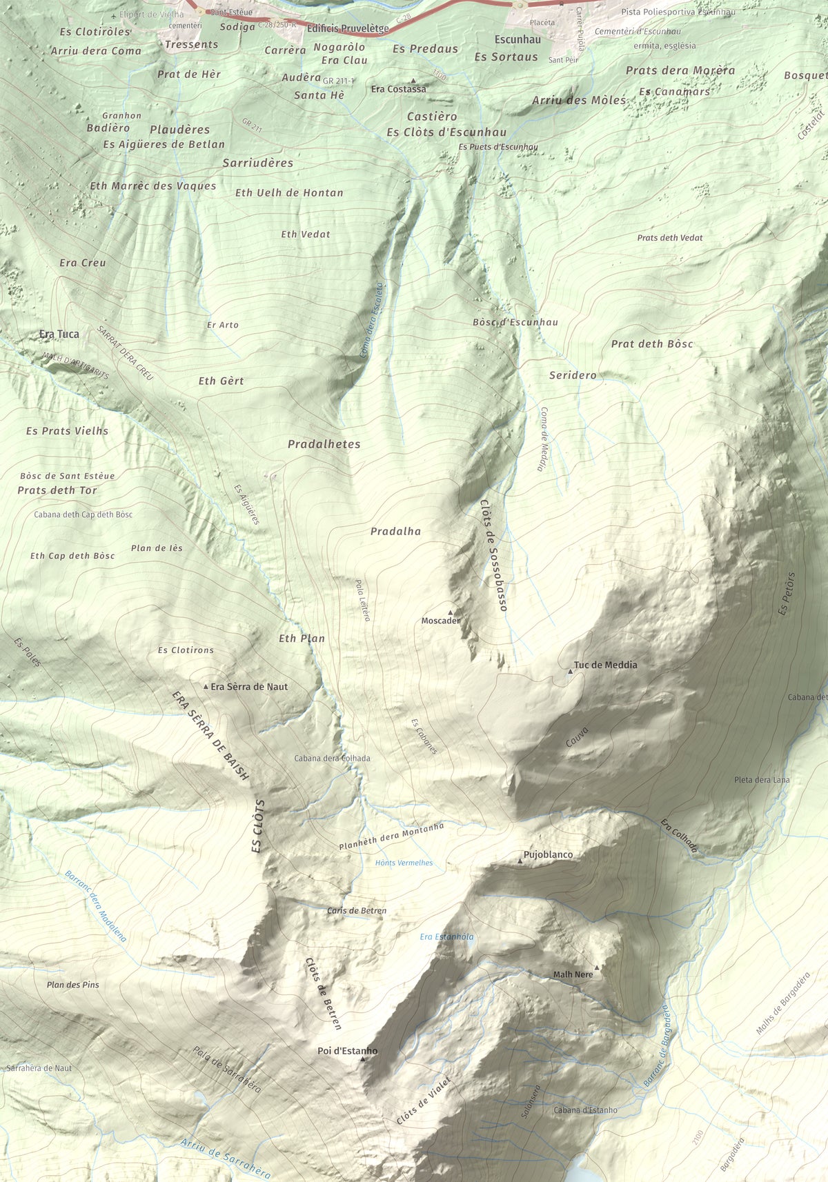 Mapa de relieve de Pujoalbo, 2504 m, Val d'Aran, lámina 100 Cims de Trobart. Detalle de la zona superior izquierda. 70 × 100 cm.