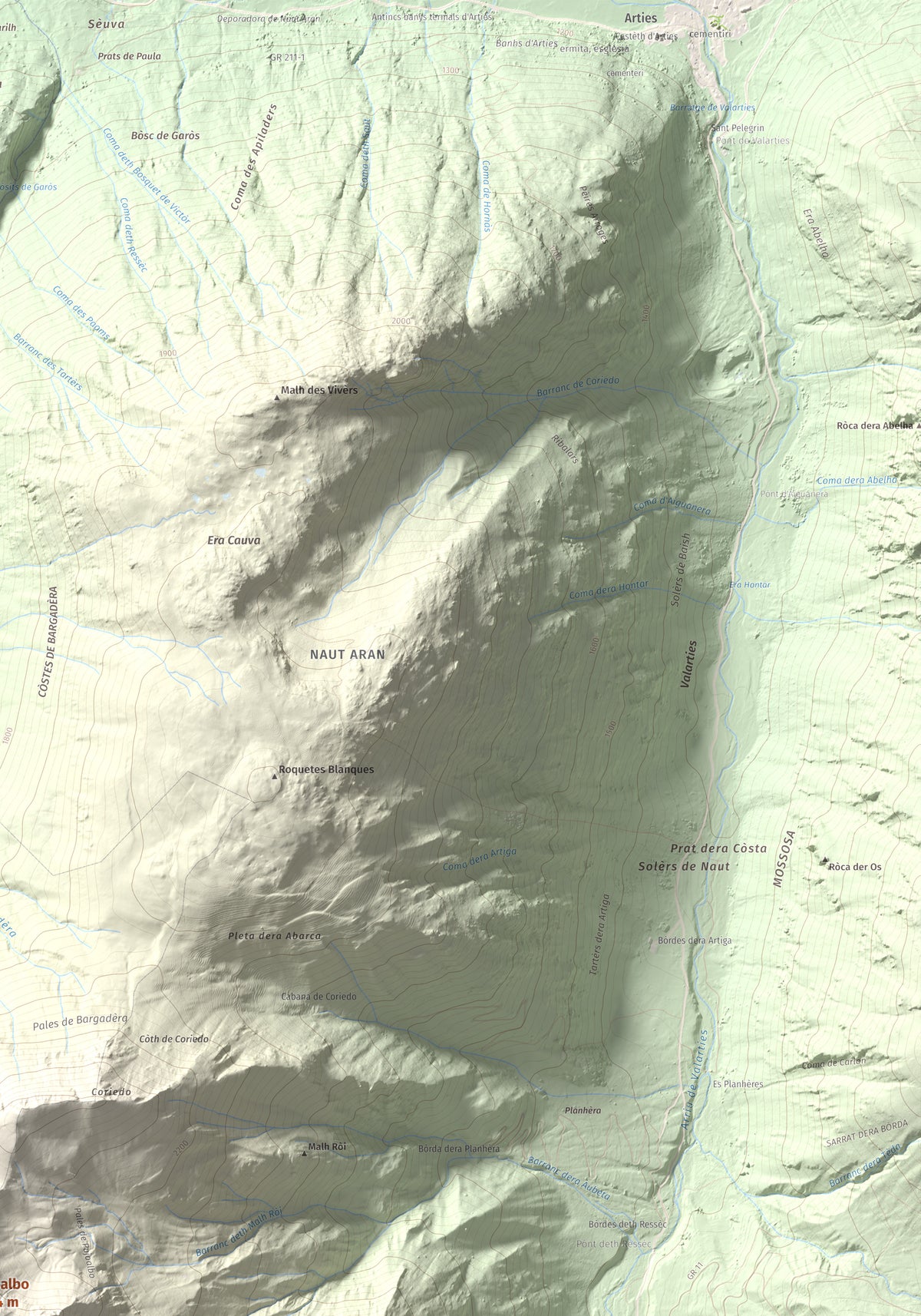 Mapa de relieve de Pujoalbo, 2504 m, Val d'Aran, lámina 100 Cims de Trobart. Detalle de la zona superior derecha. 70 × 100 cm.