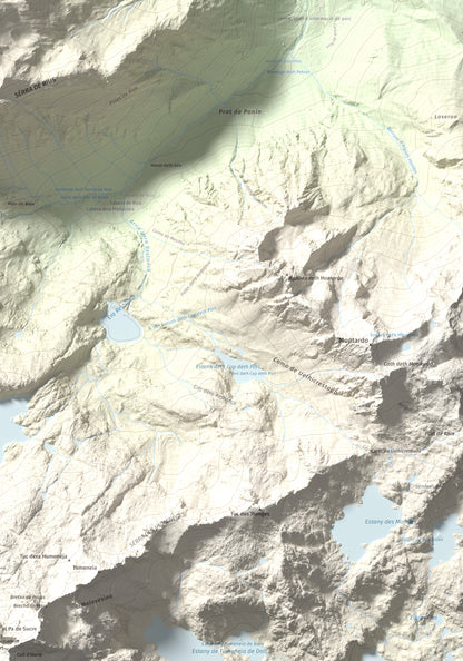 Mapa de relieve de Pujoalbo, 2504 m, Val d'Aran, lámina 100 Cims de Trobart. Detalle de la zona inferior derecha. 70 × 100 cm.