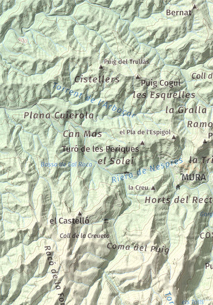 Mapa de relieve de Pujol de la Mata, 770 m, Bages, lámina 100 Cims de Trobart. Detalle de la zona superior izquierda. 21 × 30 cm.